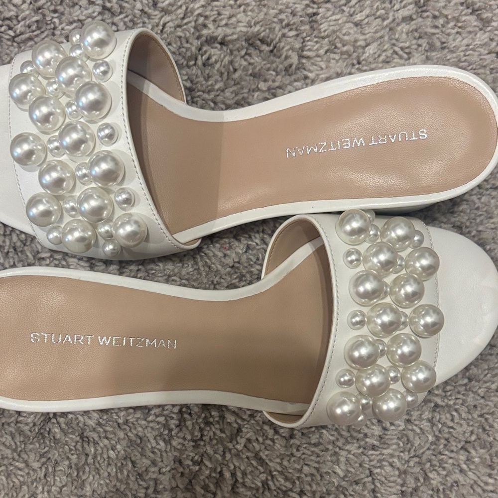 Stuart Weitzman White Pearl-Embellished Slide Mules - Picture 5 of 7